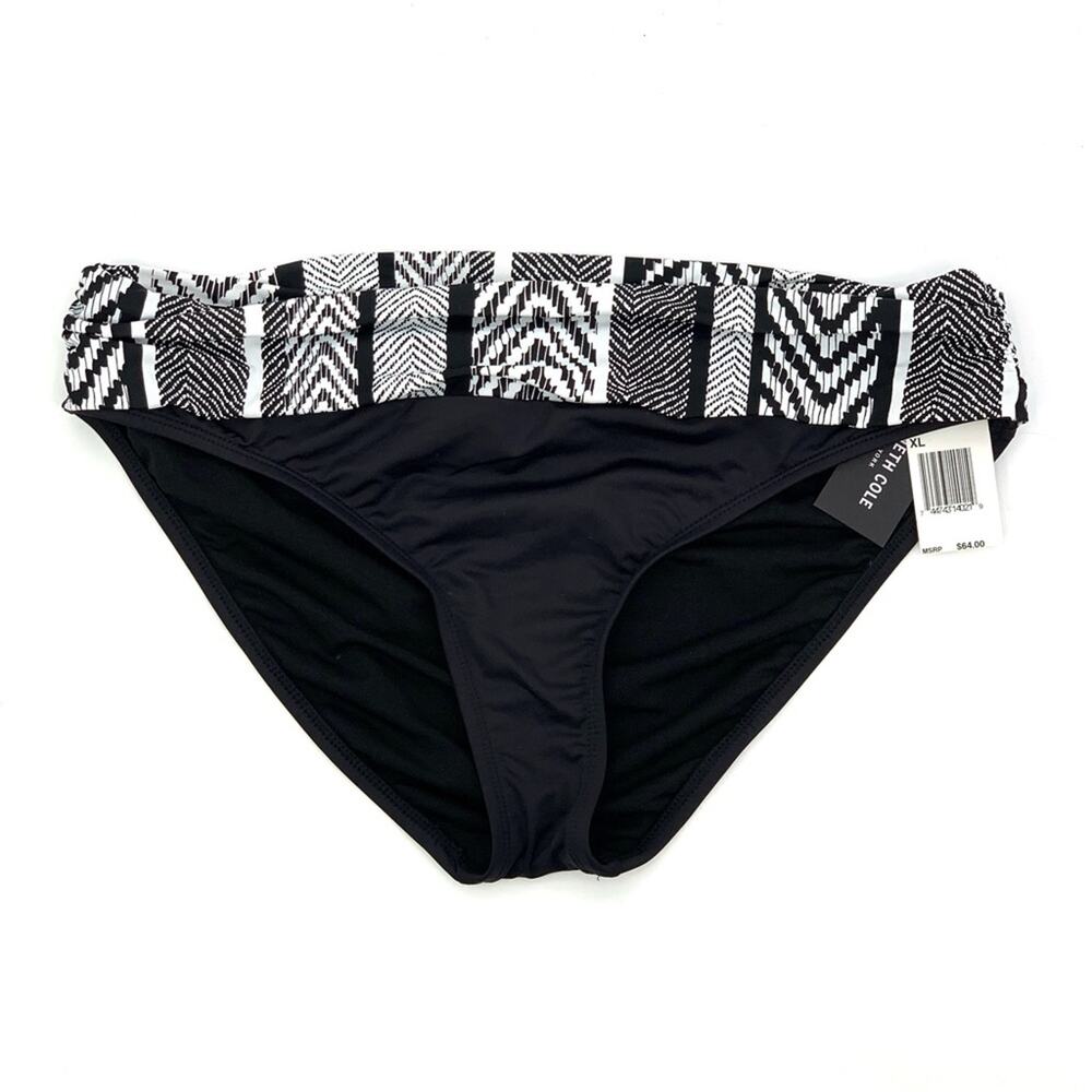 NWT KENNETH COLE Printed Waist Hipster Bikini Bottom Black White XL